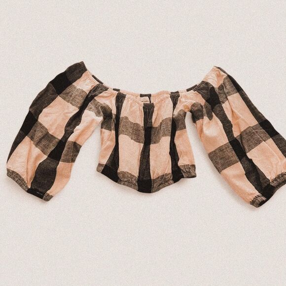 Laude the Label 100% Cotton Checkered Off-Shoulder Puff Sleeve Top Cottagecore S - Picture 1 of 6